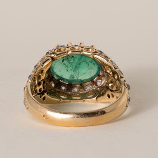 Vintage 18K Gold 3 Carat Colombian Emerald Cabochon and Diamond Ring