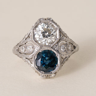 J.E Caldwell Sapphire & 1.10ct Old European Cut Diamond Art Deco Platinum Ring