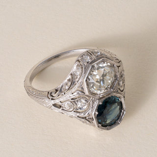 J.E Caldwell Sapphire & 1.10ct Old European Cut Diamond Art Deco Platinum Ring