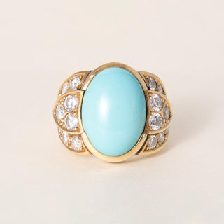Vintage Italian 18K Gold 10 Carat Turquoise Oval and 2.32 Carats Diamond Ring
