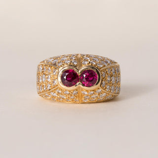 Vintage French 18K Gold Double Ruby And 1.60 Carat Diamond Pyramid Dome Ring