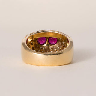 Vintage French 18K Gold Double Ruby And 1.60 Carat Diamond Pyramid Dome Ring