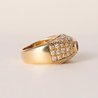 Vintage French 18K Gold Double Ruby And 1.60 Carat Diamond Pyramid Dome Ring