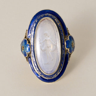 Antique Art Nouveau 14K Gold Moonstone Intaglio and Enamel Floral Navette Ring