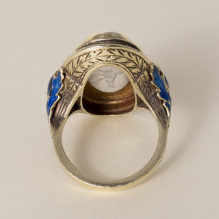 Antique Art Nouveau 14K Gold Moonstone Intaglio and Enamel Floral Navette Ring