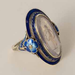 Antique Art Nouveau 14K Gold Moonstone Intaglio and Enamel Floral Navette Ring