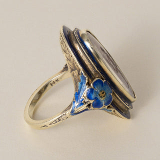 Antique Art Nouveau 14K Gold Moonstone Intaglio and Enamel Floral Navette Ring