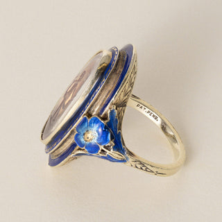Antique Art Nouveau 14K Gold Moonstone Intaglio and Enamel Floral Navette Ring