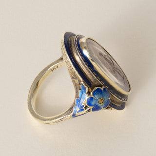 Antique Art Nouveau 14K Gold Moonstone Intaglio and Enamel Floral Navette Ring