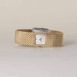 Vintage 14K Mesh Gold Hamilton Hidden Dial Diamond Cocktail Bracelet Watch