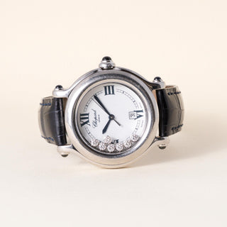 Vintage Chopard Happy Sport Diamonds and  Leather Strap S. Steel Watch