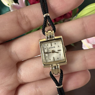 Vintage 1940s Le Coultre Square Dial 14K Yellow Gold Black Nylon Strap Watch