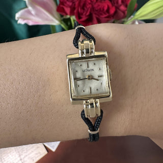 Vintage 1940s Le Coultre Square Dial 14K Yellow Gold Black Nylon Strap Watch