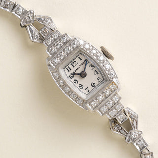 Art Deco 1930s Hamilton Platinum Diamond Tonneau Ladies Cocktail Bracelet Watch