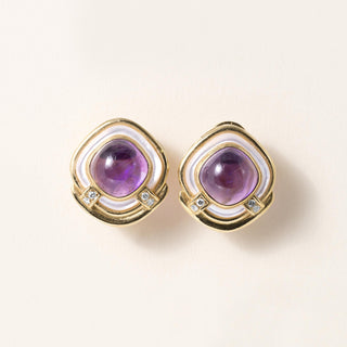 Vintage 18K Gold Amethyst Diamond and Mother of Pearl Earrings