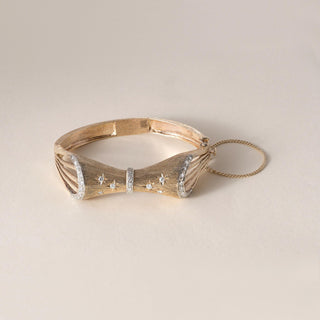 Retro 14K Brushed Gold and Diamond Stars Bow Tie Bangle Bracelet