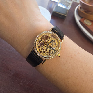 Vintage 18K Rose Gold Vacheron Constantin Skeleton Diamond Bezel Watch with Box