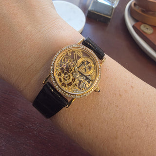 Vintage 18K Rose Gold Vacheron Constantin Skeleton Diamond Bezel Watch with Box