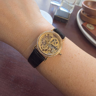 Vintage 18K Rose Gold Vacheron Constantin Skeleton Diamond Bezel Watch with Box