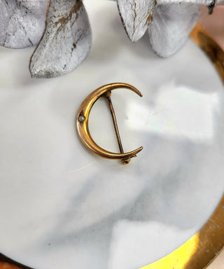 10K Yellow Gold Crescent Moon Seed Pearl Antique Brooch Pin