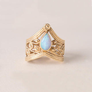 Vintage Opal Pear Shape Princess Crown Ring 14K Yellow Gold