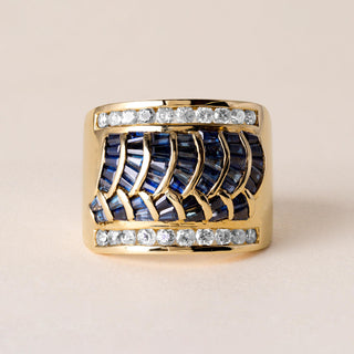Vintage 18K Gold Sapphire Baguette Wave Channel Set Diamond Wide Band Ring