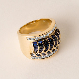 Vintage 18K Gold Sapphire Baguette Wave Channel Set Diamond Wide Band Ring