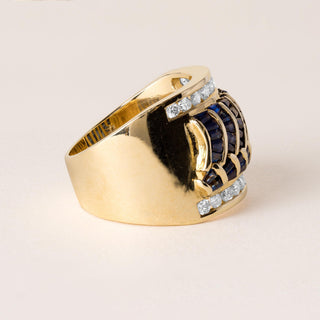 Vintage 18K Gold Sapphire Baguette Wave Channel Set Diamond Wide Band Ring