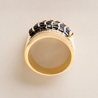 Vintage 18K Gold Sapphire Baguette Wave Channel Set Diamond Wide Band Ring