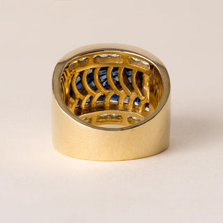 Vintage 18K Gold Sapphire Baguette Wave Channel Set Diamond Wide Band Ring