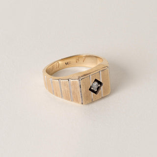 Vintage Modernist Diamond Solitaire Ring Brushed  14K Yellow Gold