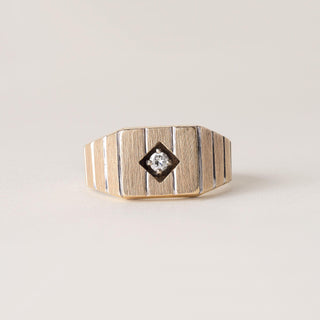 Vintage Modernist Diamond Solitaire Ring Brushed  14K Yellow Gold