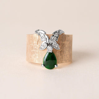 Vintage Midcentury Jade and Diamond Butterfly Wide Band Ring 14K Gold