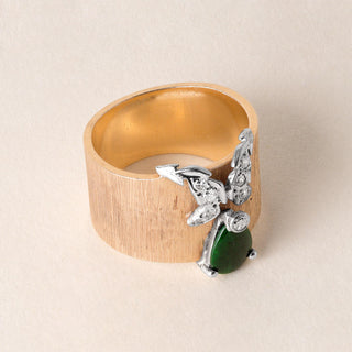 Vintage Midcentury Jade and Diamond Butterfly Wide Band Ring 14K Gold
