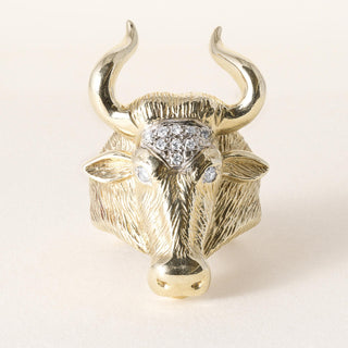Vintage 14K Yellow Gold Diamond Bull Head with Horns Ring