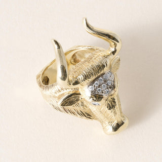 Vintage 14K Yellow Gold Diamond Bull Head with Horns Ring