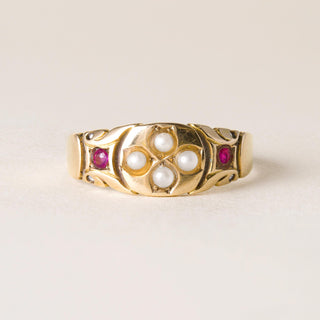 Victorian 15K Gold Seed Pearl and Ruby Ring Band