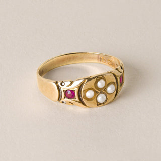 Victorian 15K Gold Seed Pearl and Ruby Ring Band
