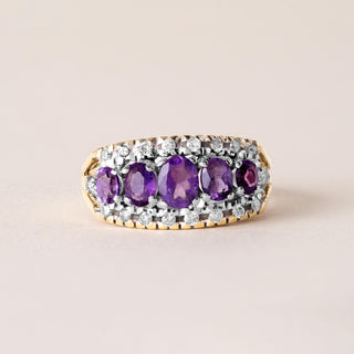 Vintage Oval Amethyst and Diamond Filigree 14K Gold Ring