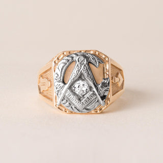 Retro 14K Rose Gold Masonic Old Mine Cut Diamond Signet Ring