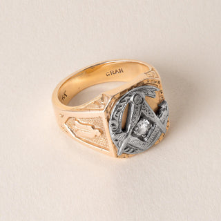 Retro 14K Rose Gold Masonic Old Mine Cut Diamond Signet Ring
