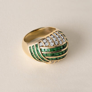 Estate Emerald and Diamond Channel Set Dome Ring 18K Yellow Gold