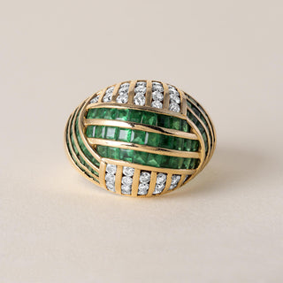 Estate Emerald and Diamond Channel Set Dome Ring 18K Yellow Gold