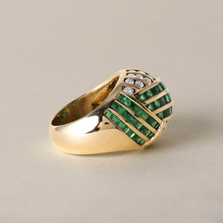 Estate Emerald and Diamond Channel Set Dome Ring 18K Yellow Gold