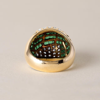 Estate Emerald and Diamond Channel Set Dome Ring 18K Yellow Gold