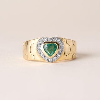 Vintage Heart Shape Emerald Diamond Halo Mesh Chain Gold Ring 18K Yellow Gold