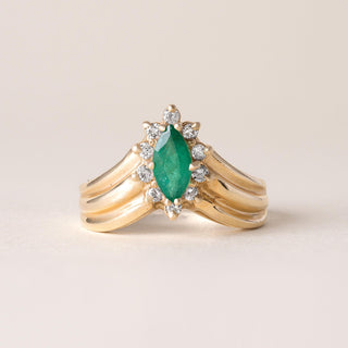 Vintage Emerald Marquise and Diamond Halo Cocktail Ring 14K Yellow Gold