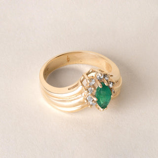 Vintage Emerald Marquise and Diamond Halo Cocktail Ring 14K Yellow Gold