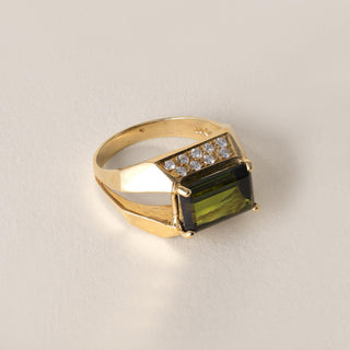 Estate 18K Gold Green Tourmaline Emerald Cut Diamond Pave Modernist Ring