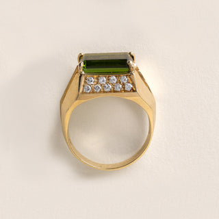 Estate 18K Gold Green Tourmaline Emerald Cut Diamond Pave Modernist Ring